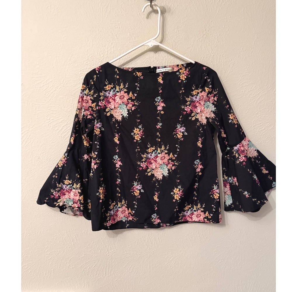 Alice + Olivia Black Floral Bell Sleeve Boat Neck Zipper Back Top XS